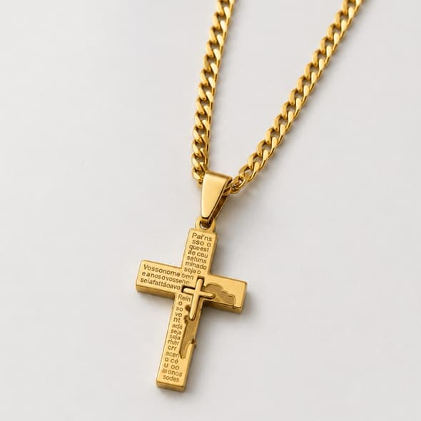 Corrente Masculina Grumet Pingente Cruz Aço Inoxidável 316L 60cm 70cm Dourada Religiosa