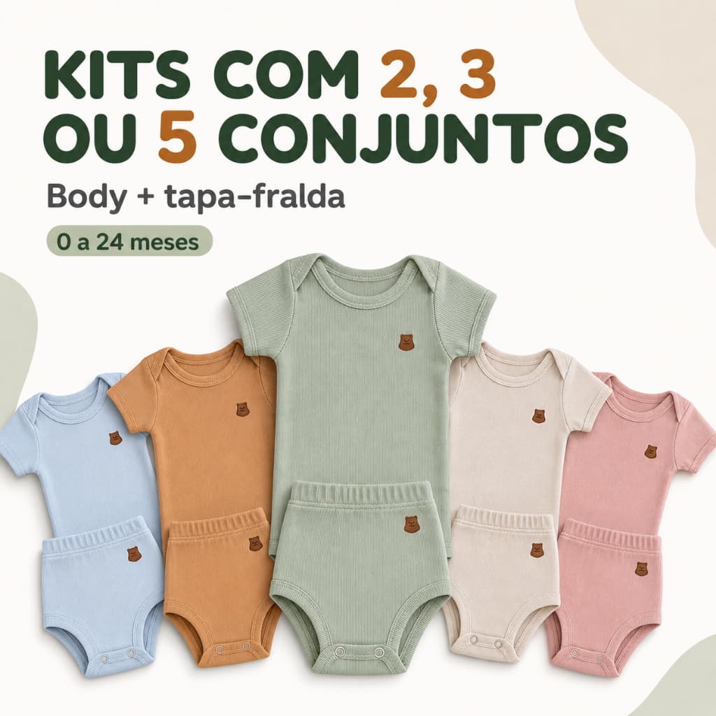 Kit 2, 3 ou 5 Conjuntos Body Bebê Canelado com Tapa-Fralda Unissex 0 a 24 Meses