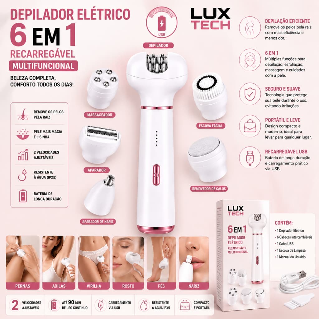 Depilador Elétrico 6 em 1 Recarregável Multifuncional