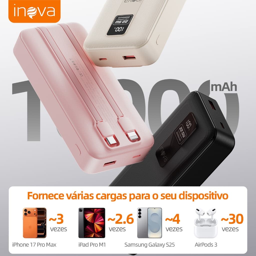 INOVA Power Bank 20000mAh 22.5W Carregamento Rápido com Cabos Integrados e Visor Digital Compatível Android e iPhone