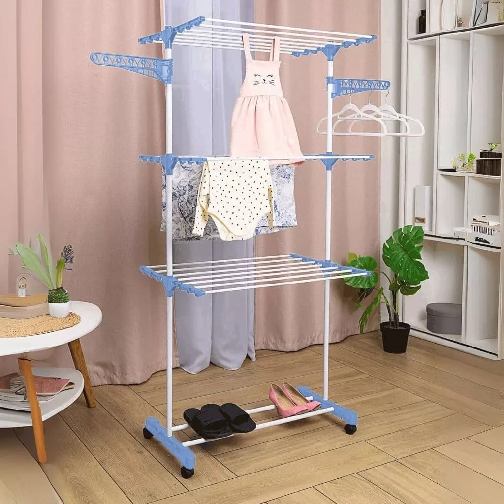 Varal De Chão Roupas Retrátil Dobrável 3 Andares 4 Rodas Aço Vertical Inox Grande De Pé