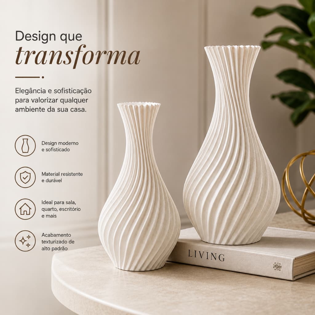 Kit 2 Vasos Decorativos Modernos em Espiral de Plástico para Sala Quarto e Decoração