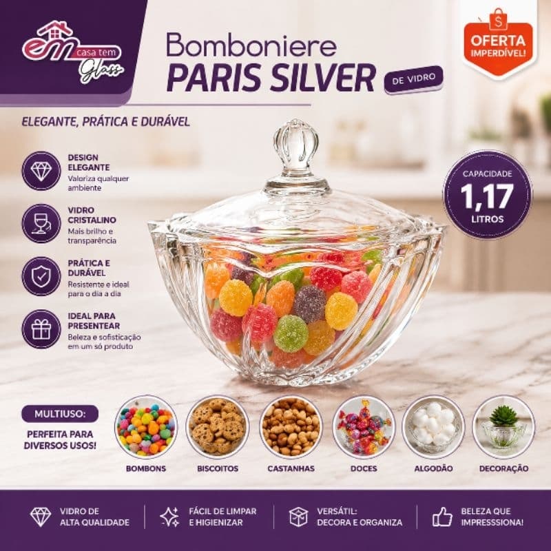 Bomboniere Potiche de Vidro 1,17L Paris Silver com Tampa Porta Doces Bombons Transparente