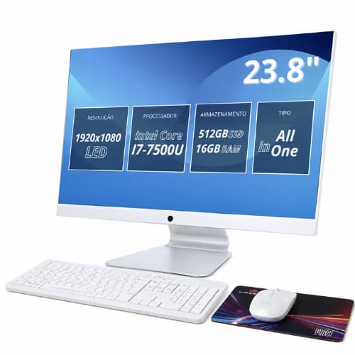 Computador All In One 23,8" Full HD Intel i7 7ª Geração 16GB RAM SSD 512GB WiFi Bluetooth Webcam