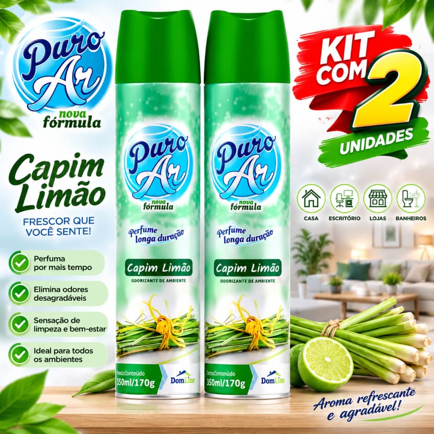Kit 2 Odorizantes de Ambiente Puro Ar Capim Limão 400ml/170g Spray Aromatizador Perfume Longa Duração
