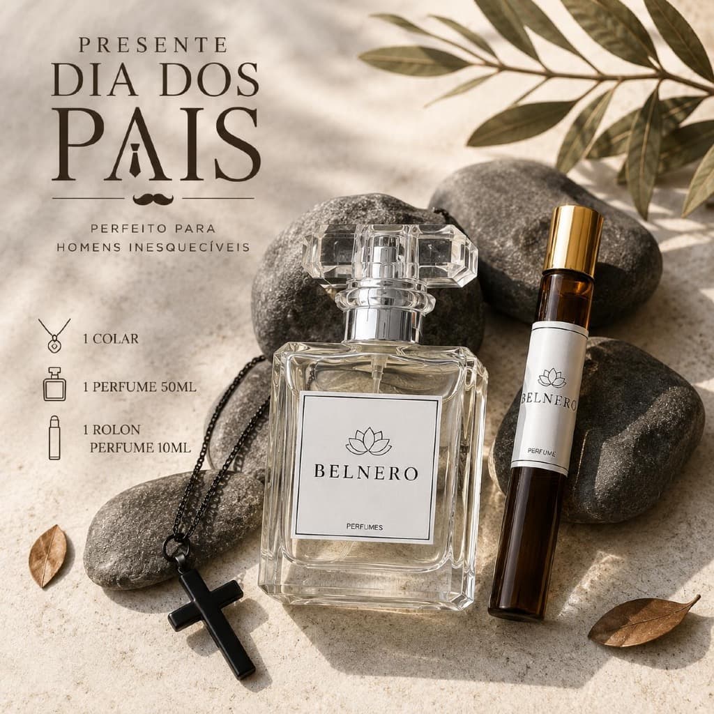 Kit Presente Dia dos Pais Perfume Masculino Inspirado em marcas famosas 50ml + Rolon 10ml + Colar Masculino Belnero