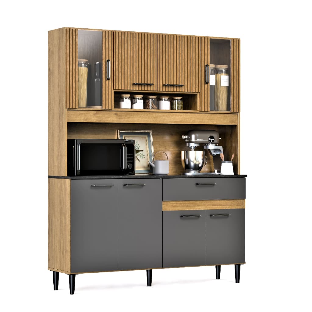 Armario de Cozinha Completa 120cm Balcão e Aéreo Ripado 3D 8 Portas e Gaveta Grande Com Detalhe em Vidro Compacta Coral