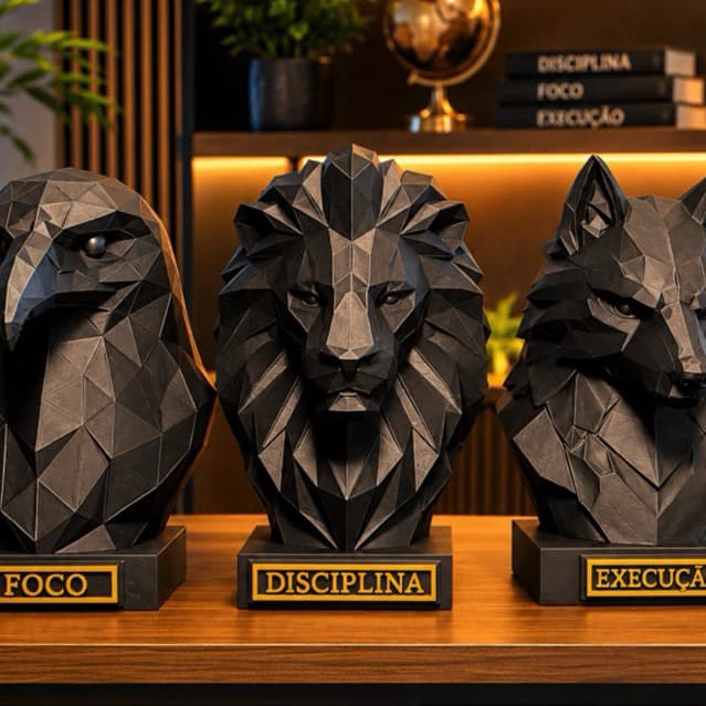 Kit 3 Esculturas Decorativas 15cm Low Poly | Águia Leão e Lobo | Foco Disciplina  Execução