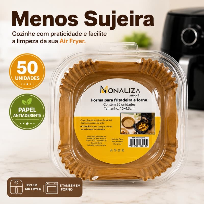 Forma Descartável Air Fryer 50 Unidades Antiaderente para Forno e Air Fryer 16x4,3cm Monaliza Import