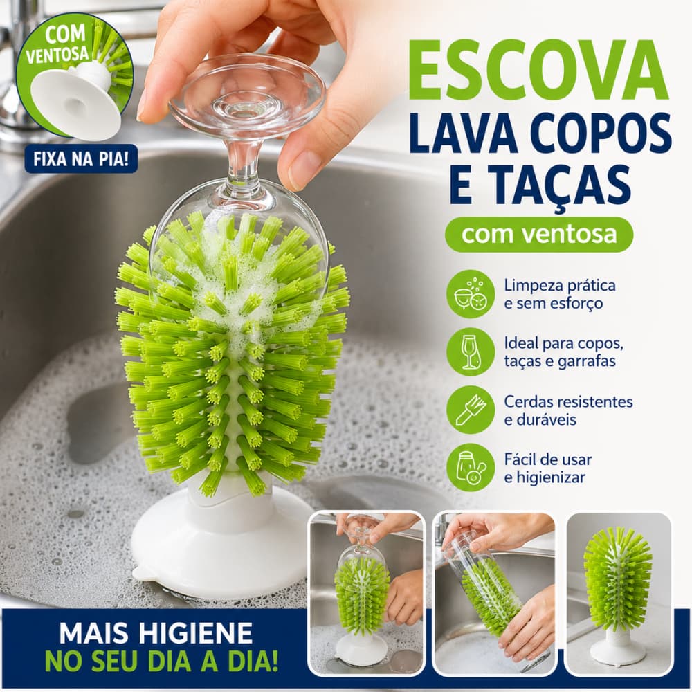 Escova Lava Copos e Taças com Ventosa | Escova para Lavar Copos, Taças e Garrafas | Limpeza Prática