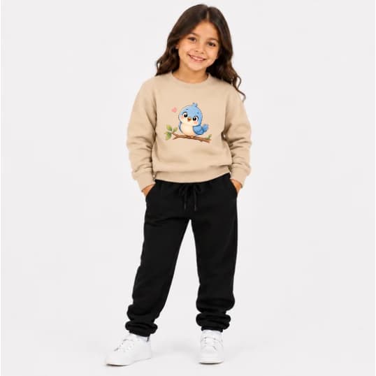Conjunto Moletom Agasalho Blusa e Calça Infantil Premium Estampa Fofa Passarinho Galho
