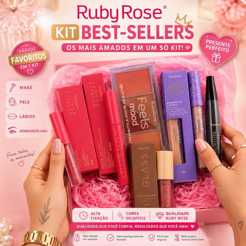 Kit Maquiagem Completo Ruby Rose com Gloss Corretivo Blush Iluminador Delineador e Sobrancelha