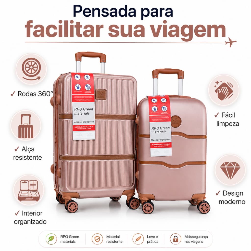 PROMOCIONAL kit 2  Malas De Viagem Rodinhas 360° Rodas Removíveis cadeado com segredo ABS Giro 360