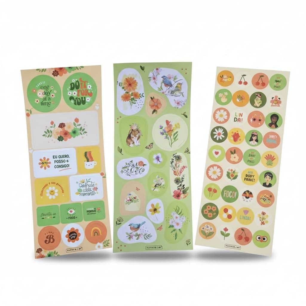 Kit 3 cartelas de Adesivos Decorativos Frases Inspiradoras  Motivacionais Floral para Papelaria e Scrapbook e journal