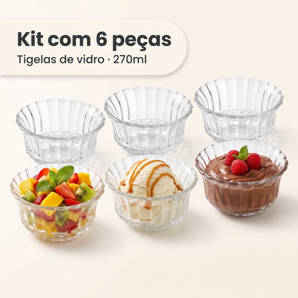 Jogo 6 Tigelas Bowls Taças Vidro Forjado Decorado Sobremesas 270ml Doce Sorvete Frutas Aperitivos Cumbuca
