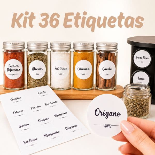 Kit 36 Etiquetas Adesivas para Potes de Tempero e Condimentos Vinil à Prova D'água Organização de Cozinha e Despensa