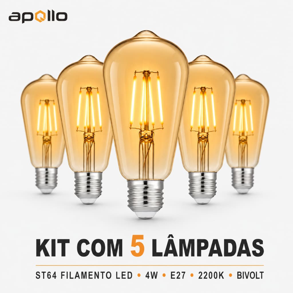 Kit1-5 Lâmpada LED Filamento Vintage ST64 Grande Âmbar 4W E27 Bivolt 2200K 400lm Branco Quente Apollo