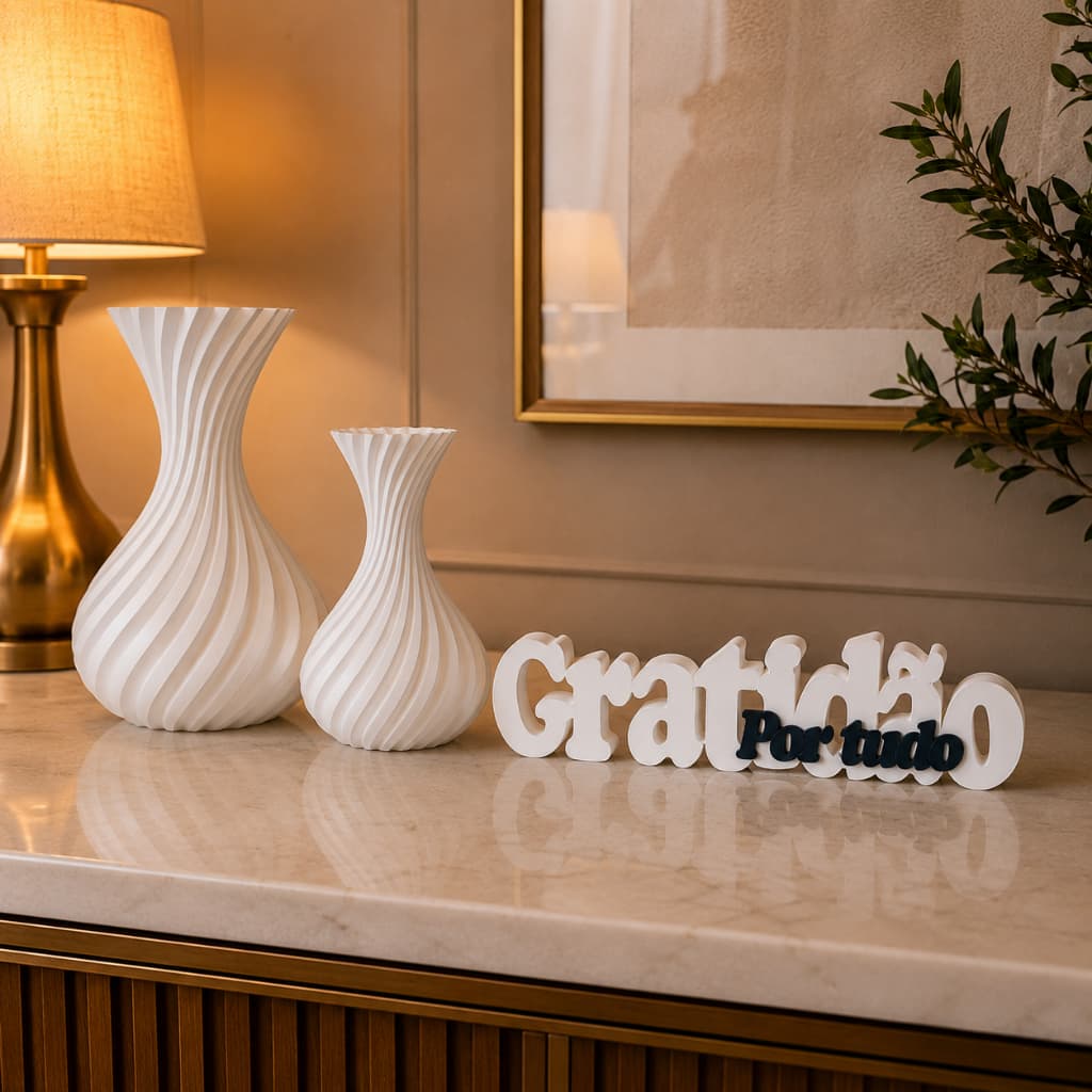 Kit Decorativo Gratidão com 2 Vasos espiral Decoração Moderna para Sala, Rack, Escritório e Home Office presente
