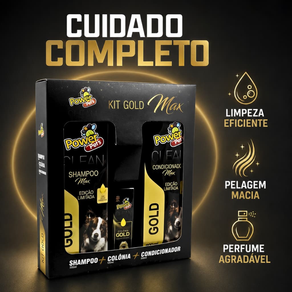 Kit Banho Cachorro Shampoo Condicionador Colônia Gold Max Power Pets 700ml + 700ml + 120ml