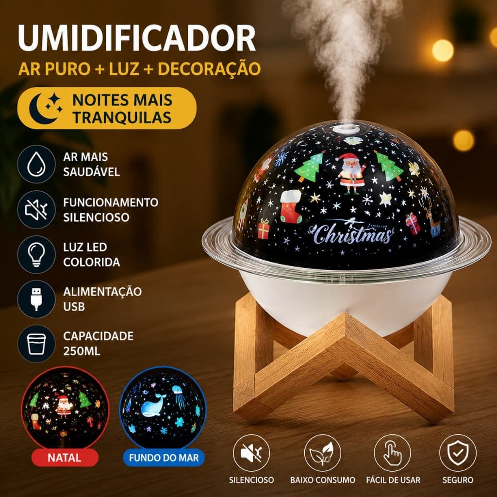 Umidificador de Ar USB 250ml Silencioso Difusor Vaporizador com Luz LED Projetor Lua 3D Base Madeira