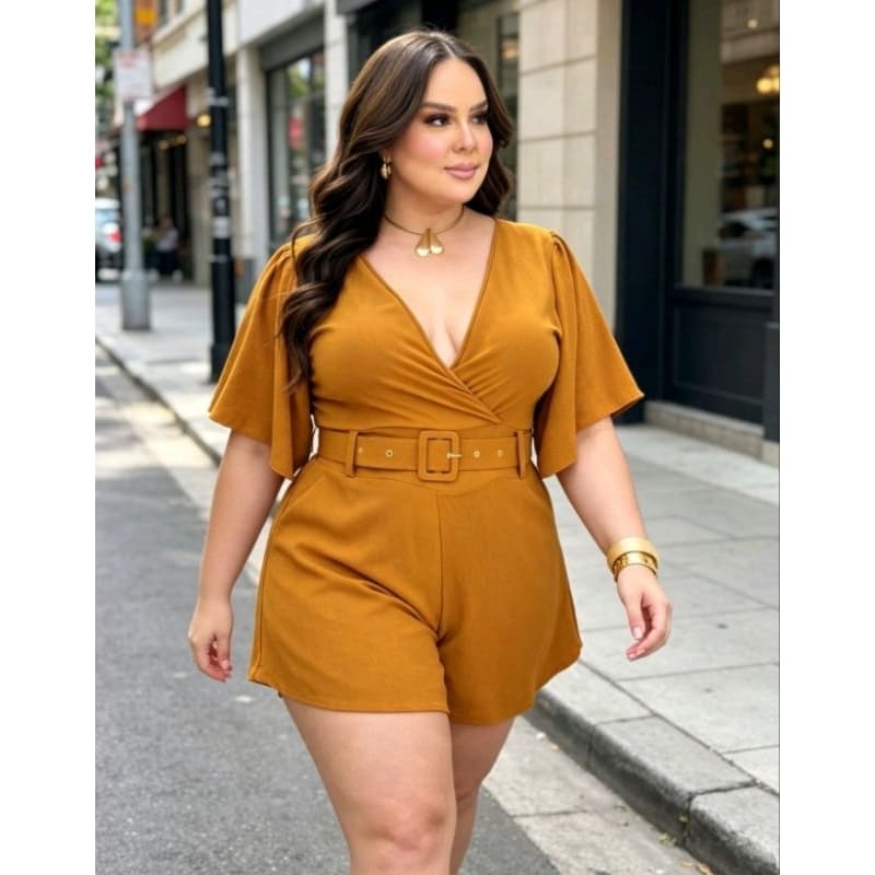 Macacão Curto Plus Size Cinto Modelador Elegante Confortável