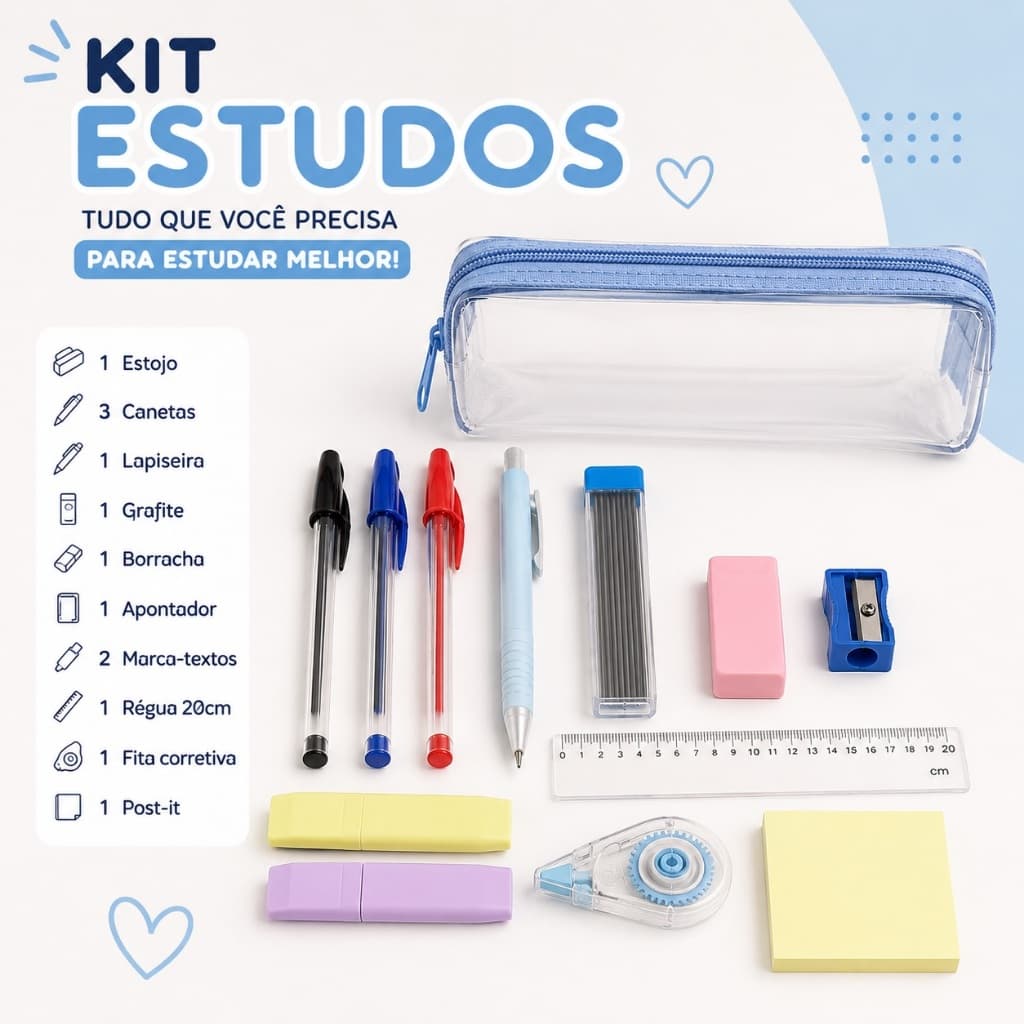 Kit Estudos Completo com Estojo | Canetas, Lapiseira, Marca-Texto, Régua e Acessórios 13 itens