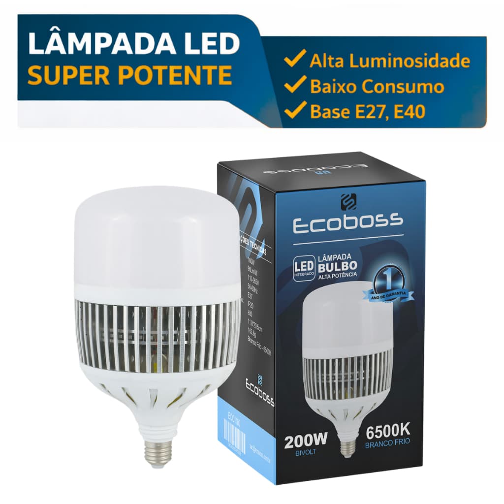 Lâmpada LED 200W Super Potente Branco-Frio Bivolt E27 + Adaptador E40