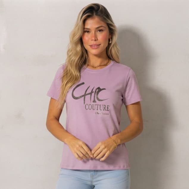Blusa T-Shirt Feminina Camiseta Casual Estampada Chic Couture Manga Curta 100% Algodão Moda Verão