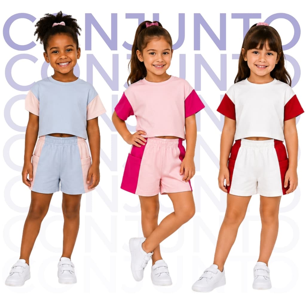 Conjunto Infantil Menina - Cropped e Short Cores Lisas com Bolsos Laterais - 100% Algodão - 02 ao 08 anos