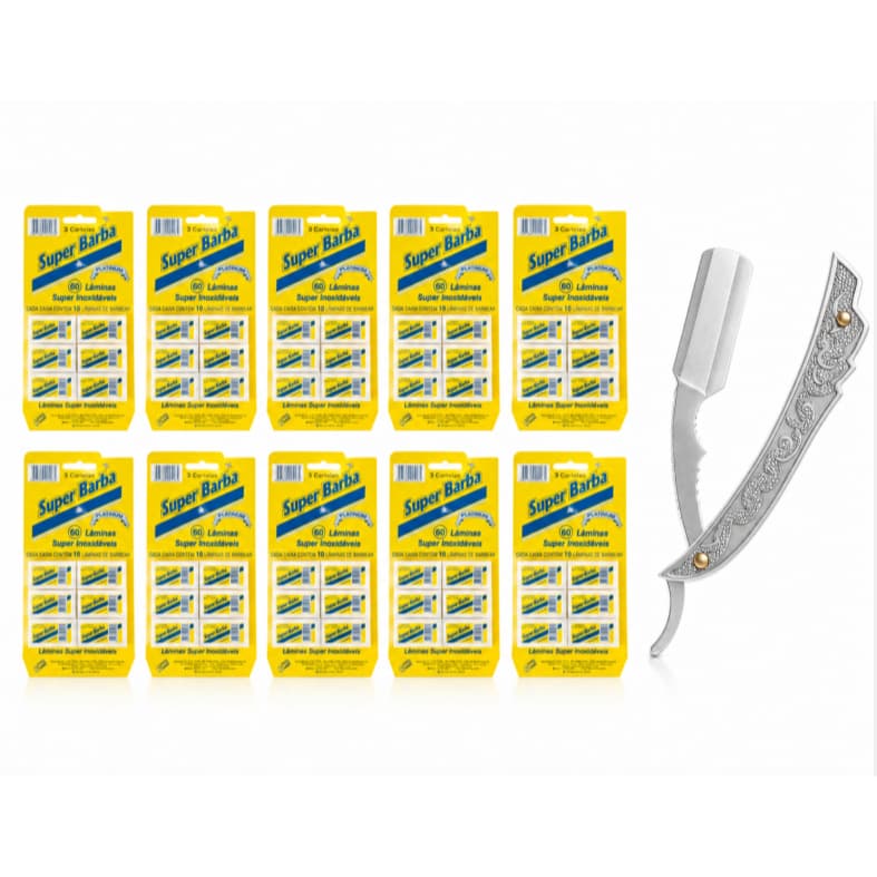 kit10 lamina Barbear Super Barba Premium Amarela + Navalhete Navalha Super Barba Profissional