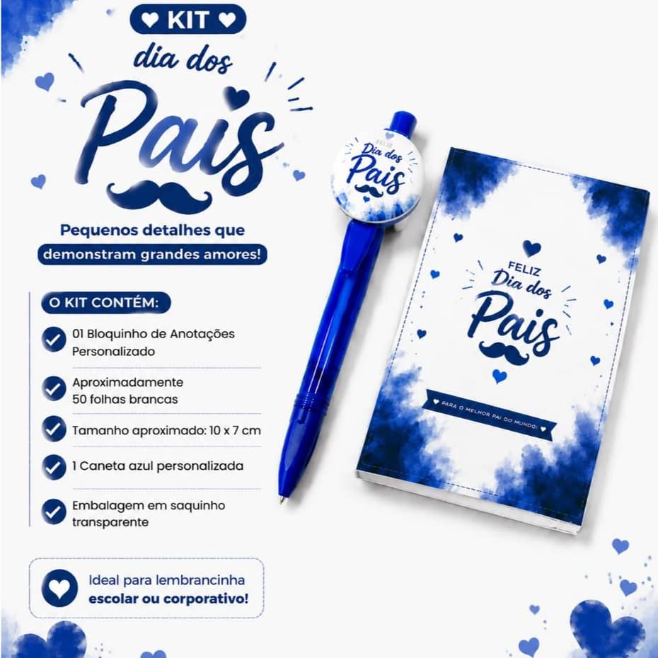 Kit Dia dos Pais Personalizado 10 Unidades | Bloquinho + Caneta | Lembrancinha | Corporativo