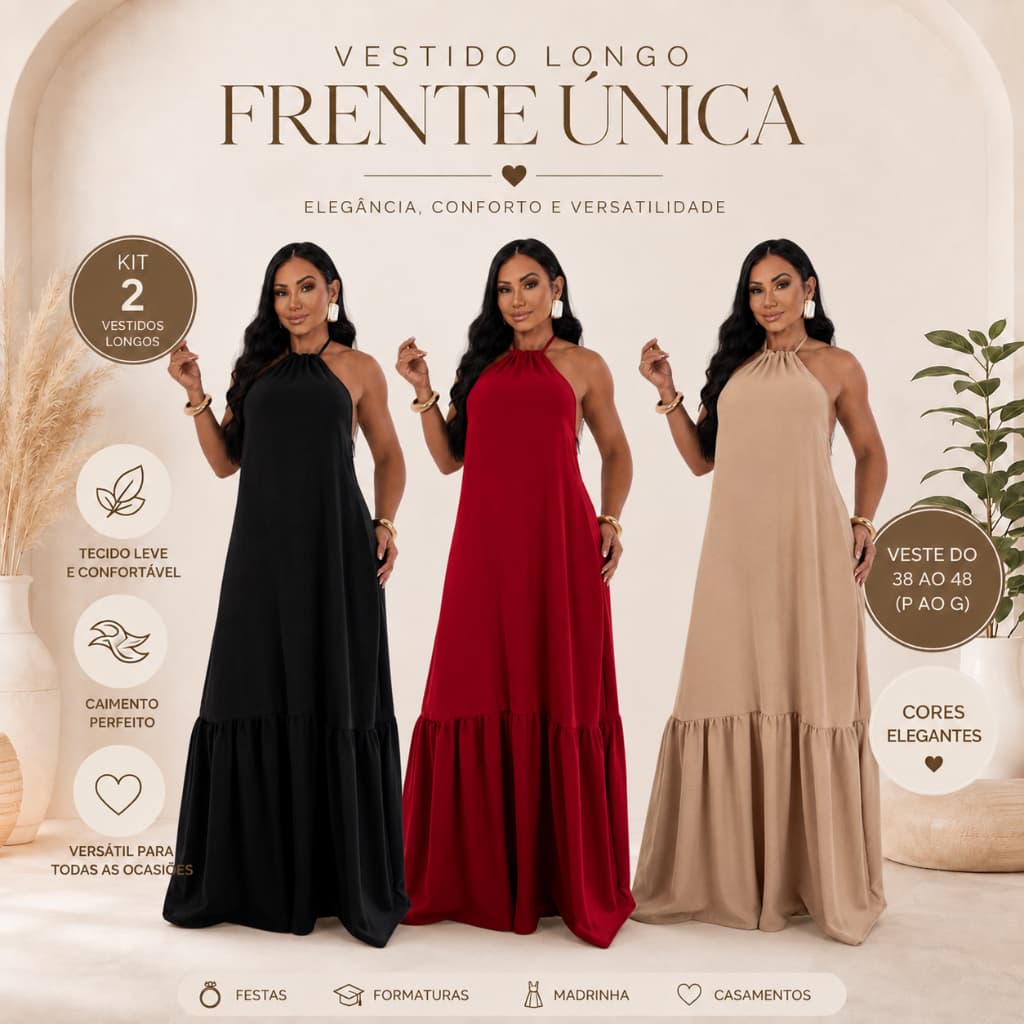 Kit 2 Vestido longo Feminino Soltinho Costa Nua Decote Alças Finas Sem Bojo Elegante Liso Festa Leve