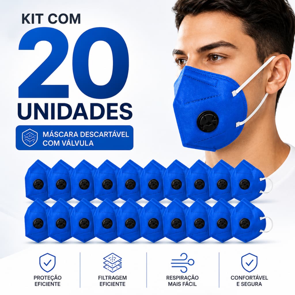 Kit 20 Máscaras PFF2 EPI Com Válvula Alta Proteção Respiratória Uso Profissional