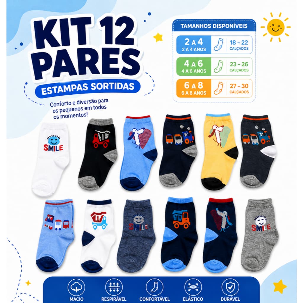 Kit 3/6/9/12 Pares De Meia Infantil Estampada De 2 A 4 De 4 A 6 E 6 A 8  Confortável Antiderrapante