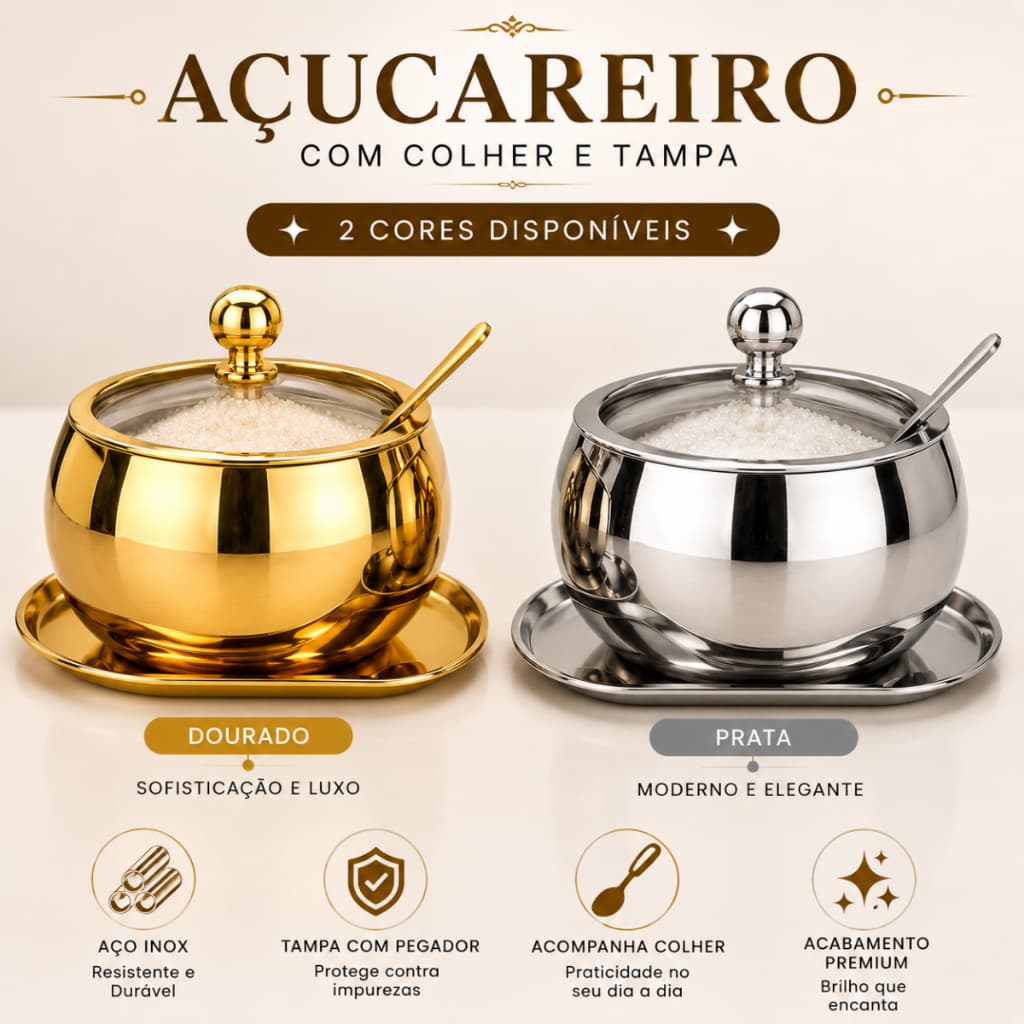 Açucareiro Com Colher Aço Inoxidável Elegante e Resistente Armazenamento Com Tampa de Vidro