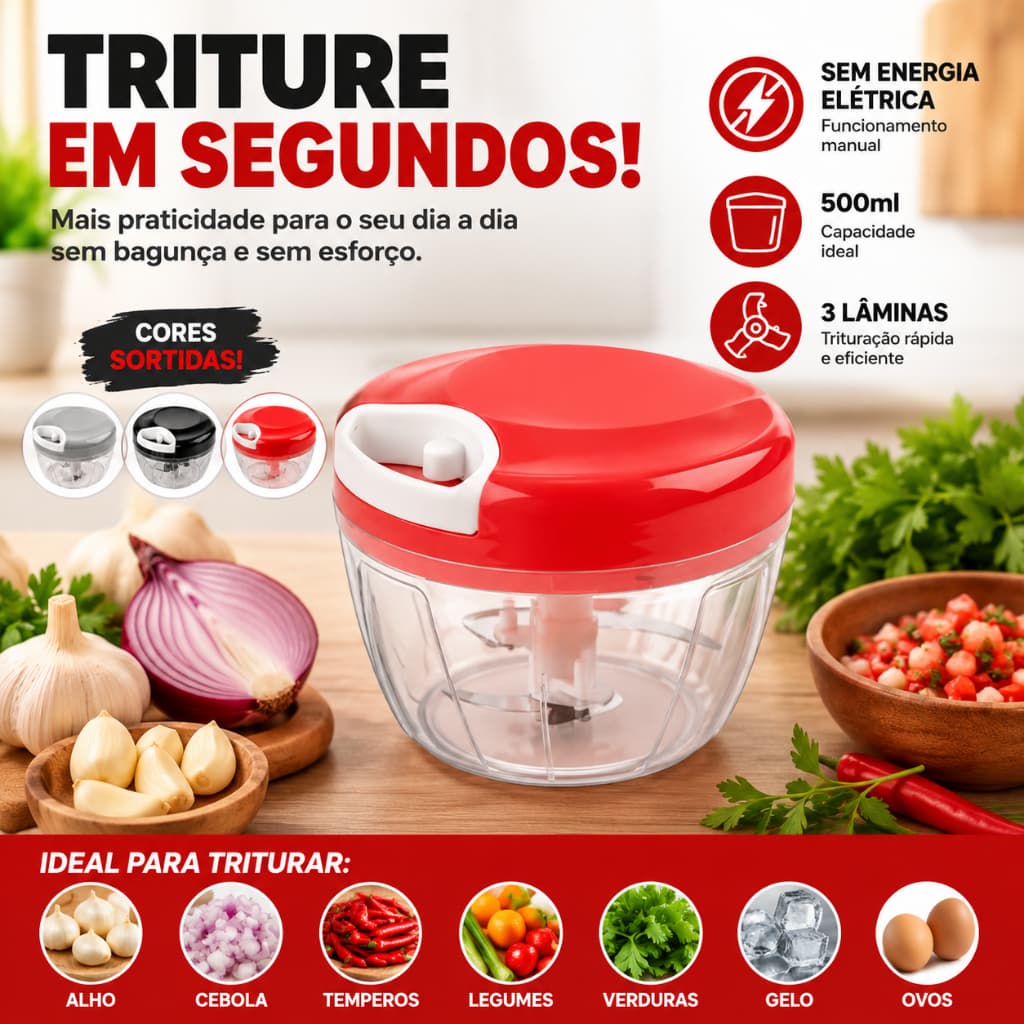 Mini Processador Triturador Manual de Alimentos 500ml 3 Lâminas para Temperos Legumes Verduras