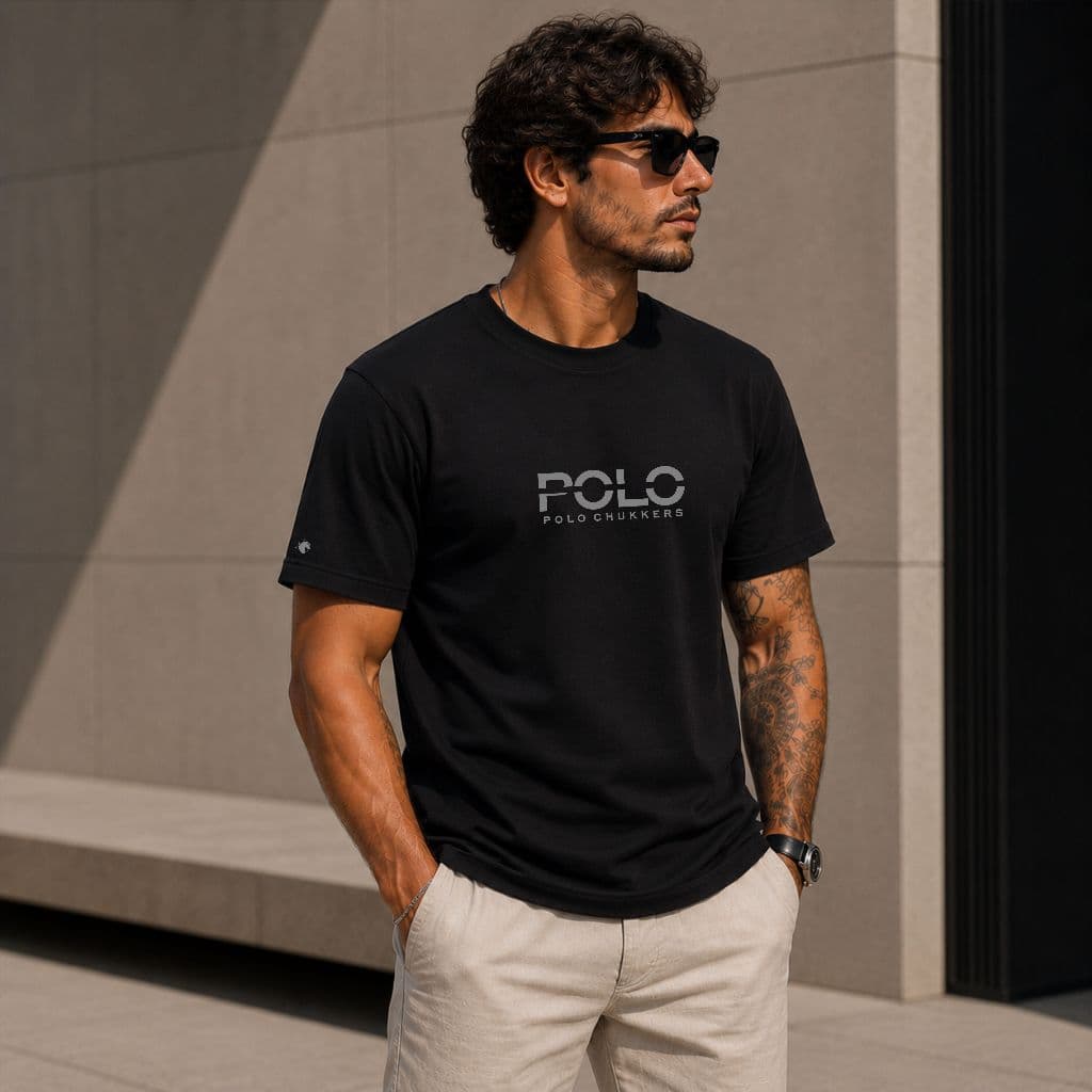 Caimiseta camisa masculino manga curta polo chukkers estampa cavalo 100% Algodão Premium PRETO POLO