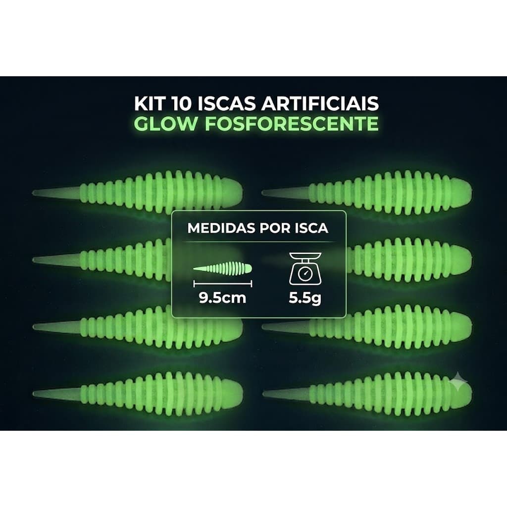 Kit 10 Iscas Artificiais Silicone Glow Soft Bait 9.5cm 5.5g Brilha No Escuro Pesca Noturna
