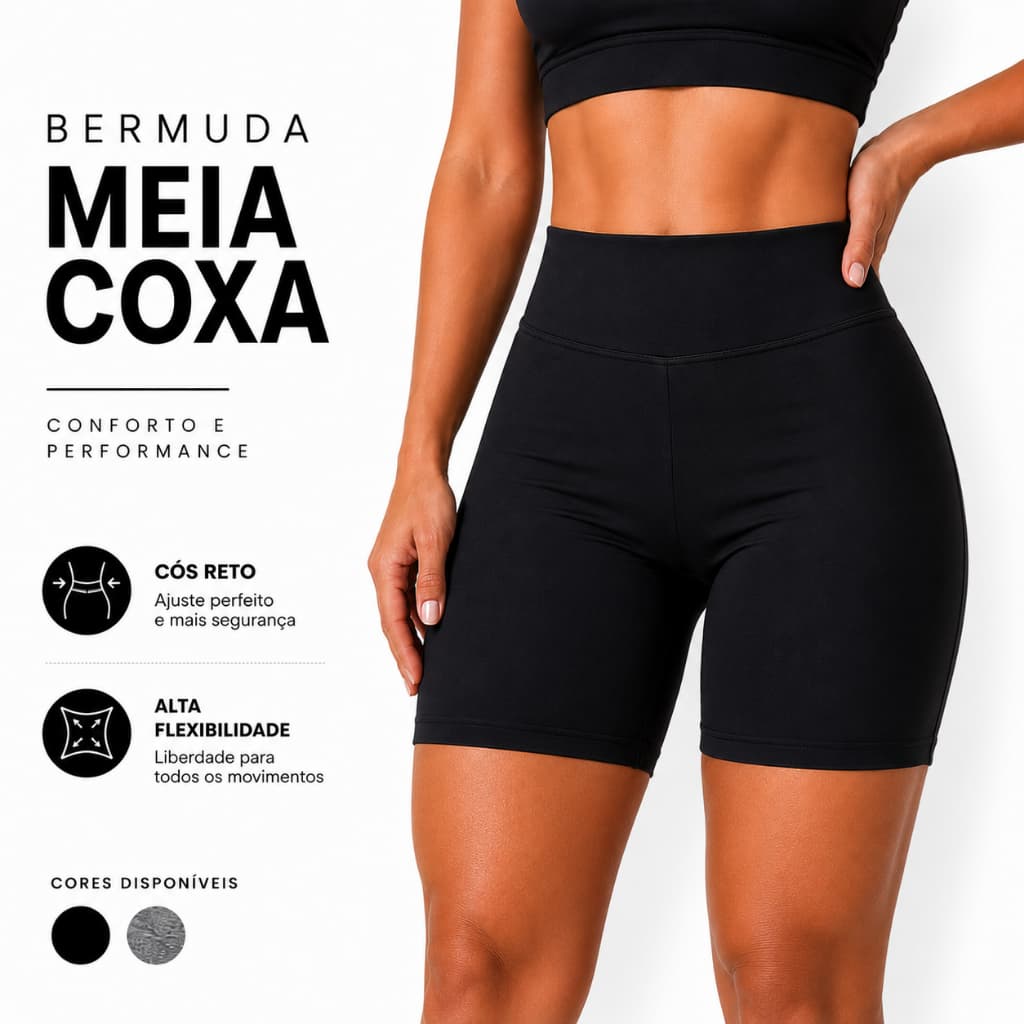 Bermuda Meia Coxa Feminina Suplex Cós Alto Reto Academia Fitness Treino Casual Compressão