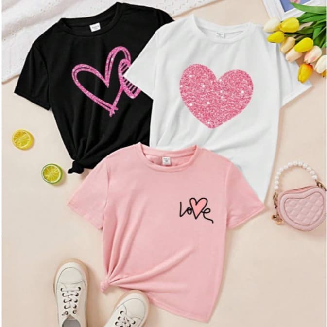 Kit 3 Camisa Estampada Love Coração Feminina Básica Casual Delicada Tecido Confortável 100% Algodão