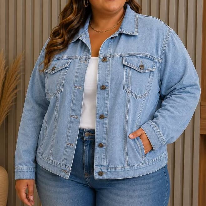 Jaqueta Jeans Feminina Plus Size com Bolsos Frontais e Botões Casual