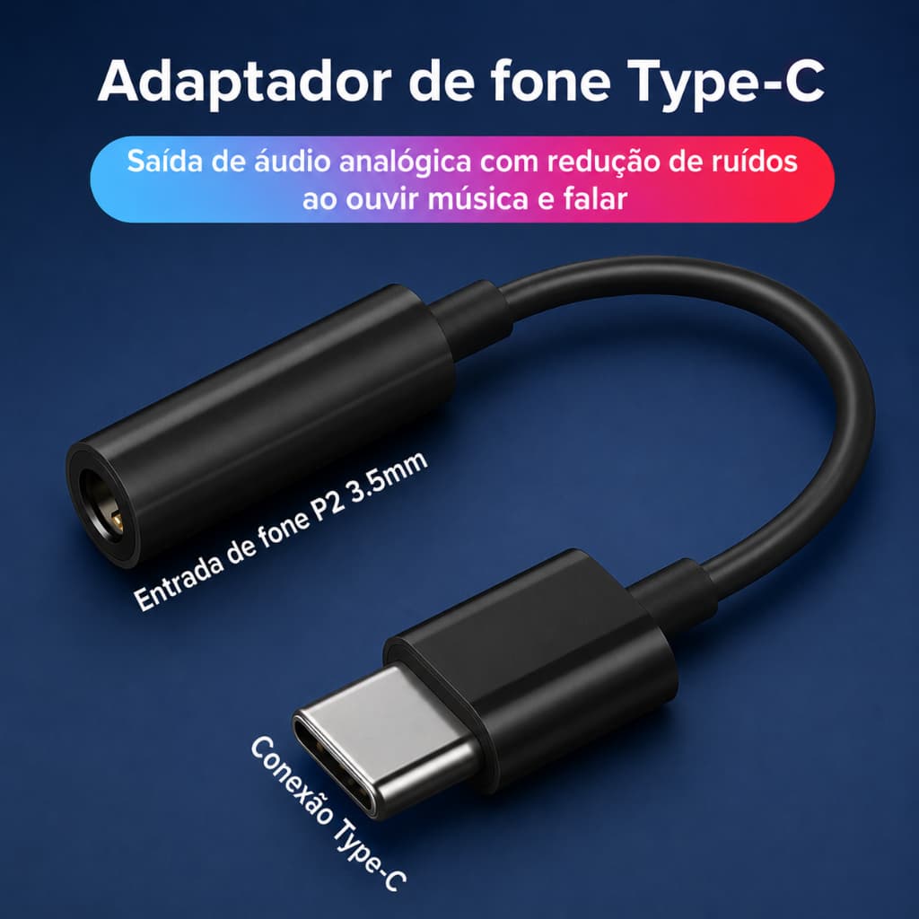 Adaptador Tipo C Para P2 3.5mm Áudio Alta Qualidade Controle Volume
