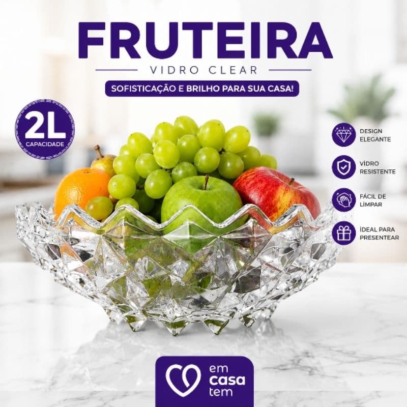 Fruteira de Vidro 2L Decorativa Bowl Centro de Mesa Porta Frutas Vidro Transparente Resistente Elegante
