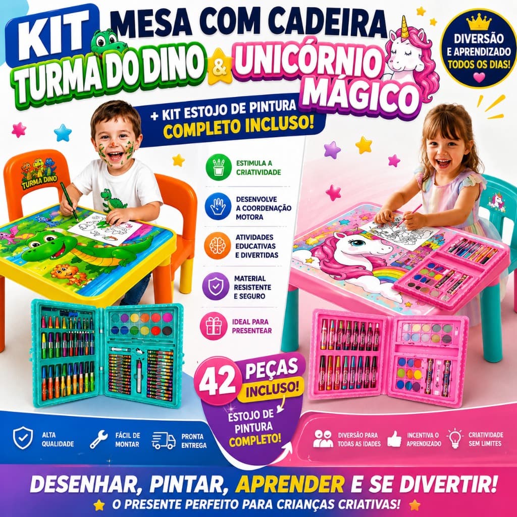 Kit Mesa + Cadeira Unicórnio ou Dino Infantil c/Kit Colorir –Desenho, Pintura e Atividades Presente