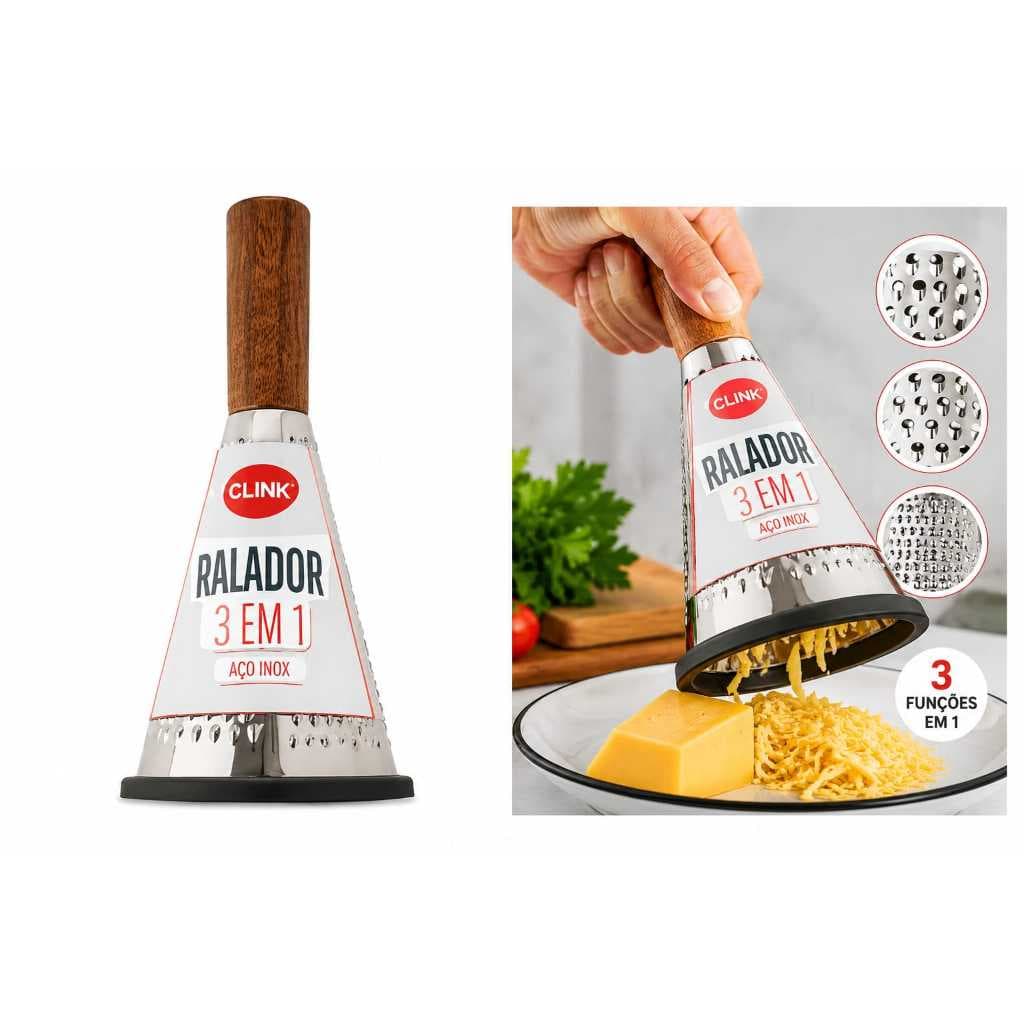 Ralador 3 em 1. Aço Inox Clink com cabo de madeira e antiderrapante. Para legumes, queijos, temperos e chocolates.