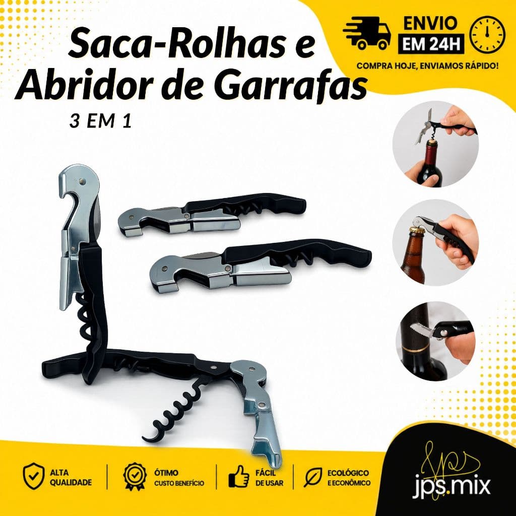 Abridor Multifuncional 3 em 1 Saca Rolhas Abridor de Garrafas Chope e Vinho