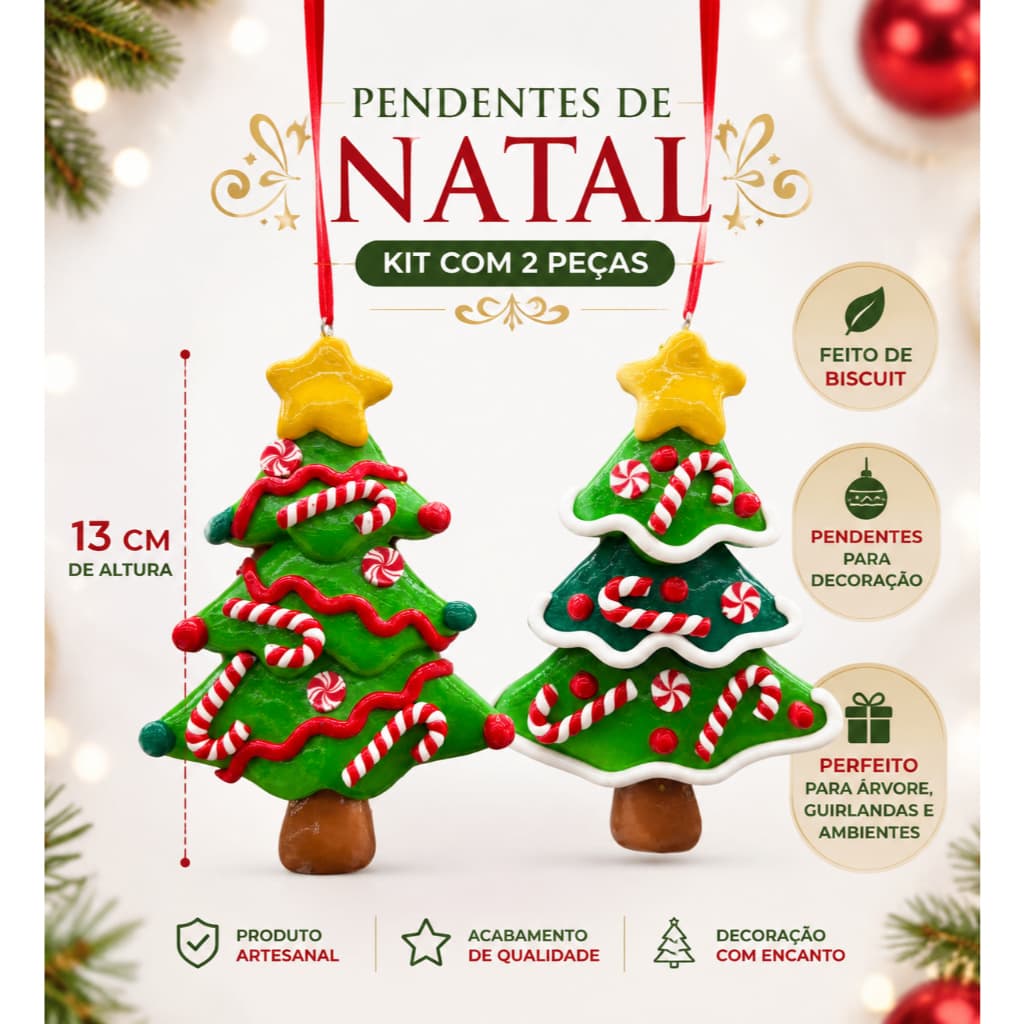 Kit 2 Pendentes Natalinos Árvore de Natal em Biscuit 13cm | Enfeite Decorativo para Árvore