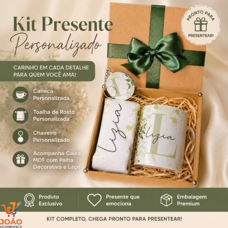 Kit Presente Caneca Personalizado Inicial e Nome+toalhinha+chaveiro+Caixa MDF+Fita e laço+Palha decorativa