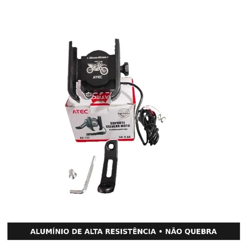 Suporte de Celular para Moto ATEC AC-717 com Carregador USB - Antivibração + Giro 360°