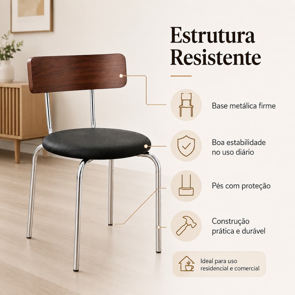 Cadeira Jantar Estilo Escandinavo Encosto De Madeira Curvo, , Estrutura Metálica Cromada Versátil Para Casa E Escritório